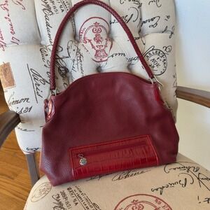 Brighton Burgundy Leather Croco Trim Shoulder Bag Purse With Heart Charm